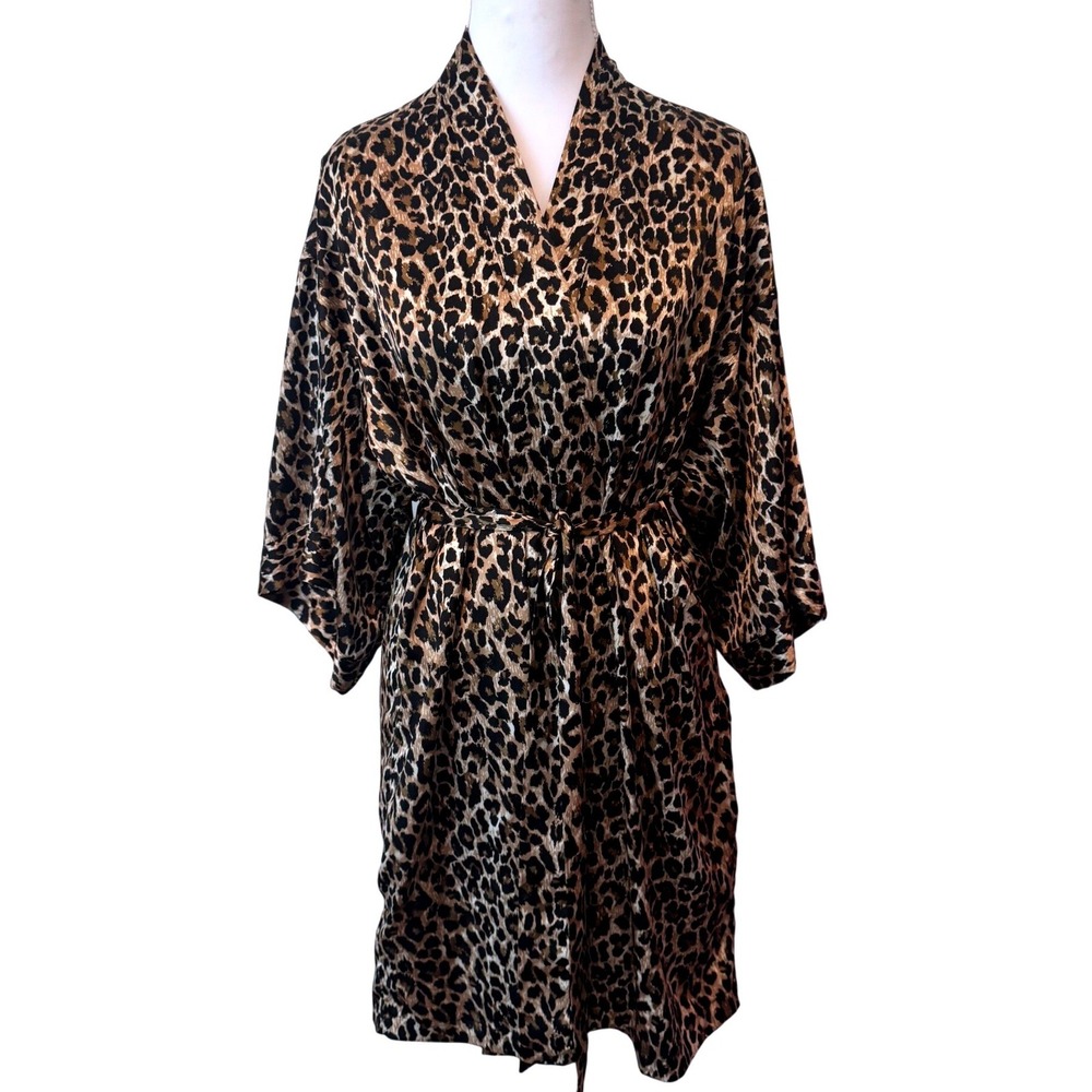 Vintage Y2K Victoria's Secret Leopard Print Satin Kimono Robe Angel Glam S/M